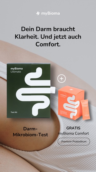 This 9:16 mobile creative uses a clean, minimalist layout to feature a microbiome test kit bundled with a free probiotic supplement.